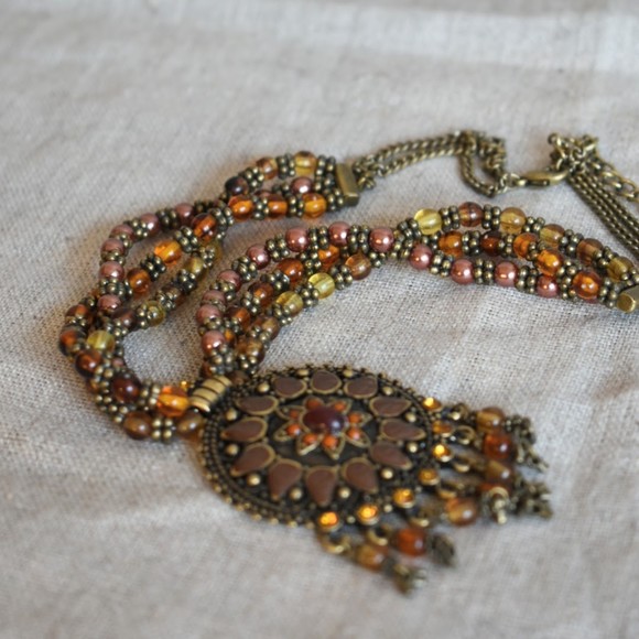 Antique Brasstone Boho Multi Strand Beaded Statement Necklace - Picture 2 of 2